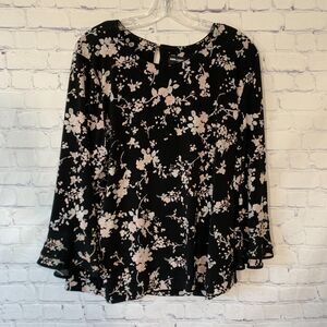 Karl Lagerfeld Yessie Trumpet Sleeve Floral Print Blouse Black Size XL